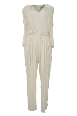 Ivory draped long sleeve jumpsuit with tapered leg