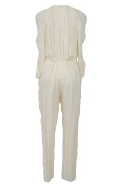 Ivory draped long sleeve jumpsuit with tapered leg