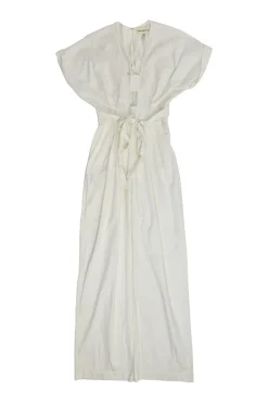 Ivory embroidered cotton slip-on plunge neck cap sleeve tie-waist jumpsuit with elasticated waistband