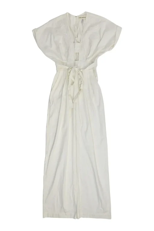 Ivory embroidered cotton slip-on plunge neck cap sleeve tie-waist jumpsuit with elasticated waistband