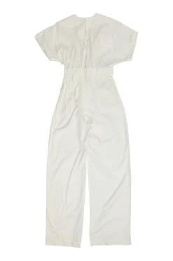 Ivory embroidered cotton slip-on plunge neck cap sleeve tie-waist jumpsuit with elasticated waistband
