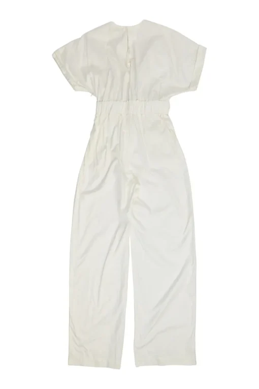 Ivory embroidered cotton slip-on plunge neck cap sleeve tie-waist jumpsuit with elasticated waistband