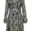 Ivory floral lace-layered silk satin double breasted notch collar belted coat