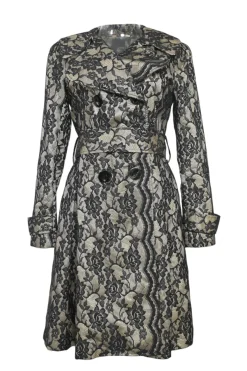 Ivory floral lace-layered silk satin double breasted notch collar belted coat