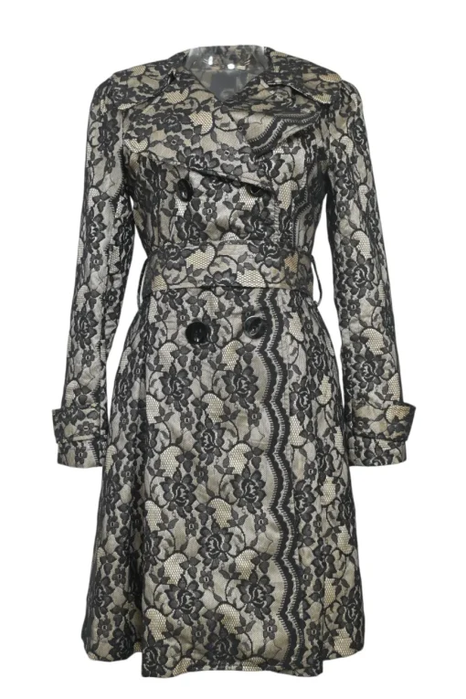 Ivory floral lace-layered silk satin double breasted notch collar belted coat