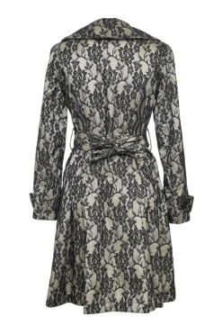 Ivory floral lace-layered silk satin double breasted notch collar belted coat