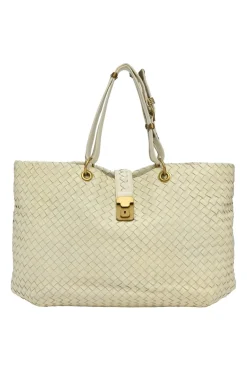 Ivory intrecciato nappa leather Capri tote bag with antique brass hardware