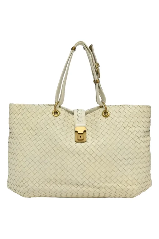 Ivory intrecciato nappa leather Capri tote bag with antique brass hardware