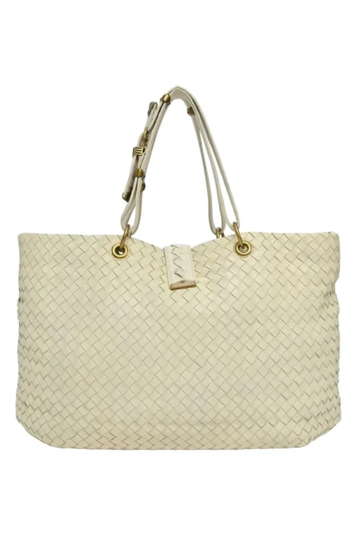 Ivory intrecciato nappa leather Capri tote bag with antique brass hardware