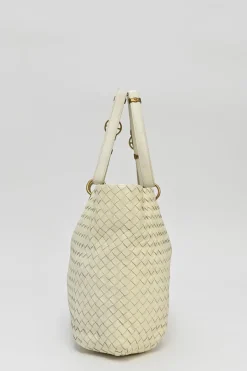Ivory intrecciato nappa leather Capri tote bag with antique brass hardware