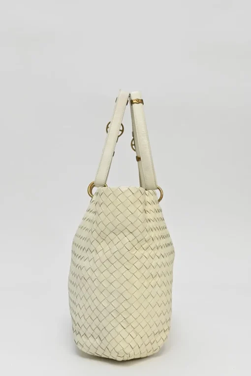 Ivory intrecciato nappa leather Capri tote bag with antique brass hardware