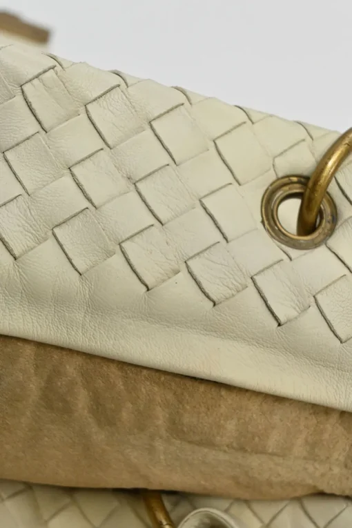 Ivory intrecciato nappa leather Capri tote bag with antique brass hardware