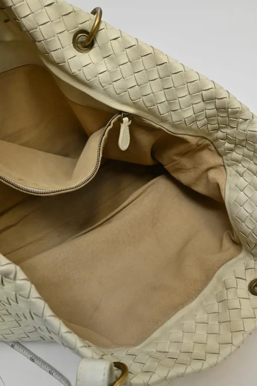 Ivory intrecciato nappa leather Capri tote bag with antique brass hardware