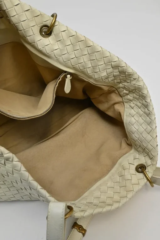 Ivory intrecciato nappa leather Capri tote bag with antique brass hardware