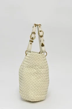 Ivory intrecciato nappa leather Capri tote bag with antique brass hardware