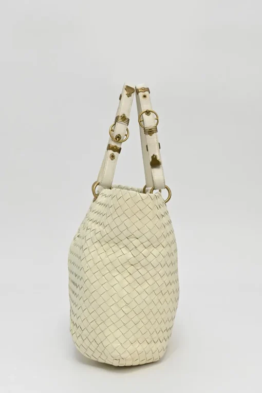 Ivory intrecciato nappa leather Capri tote bag with antique brass hardware