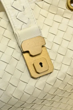 Ivory intrecciato nappa leather Capri tote bag with antique brass hardware