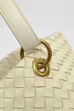 Ivory intrecciato nappa leather Capri tote bag with antique brass hardware