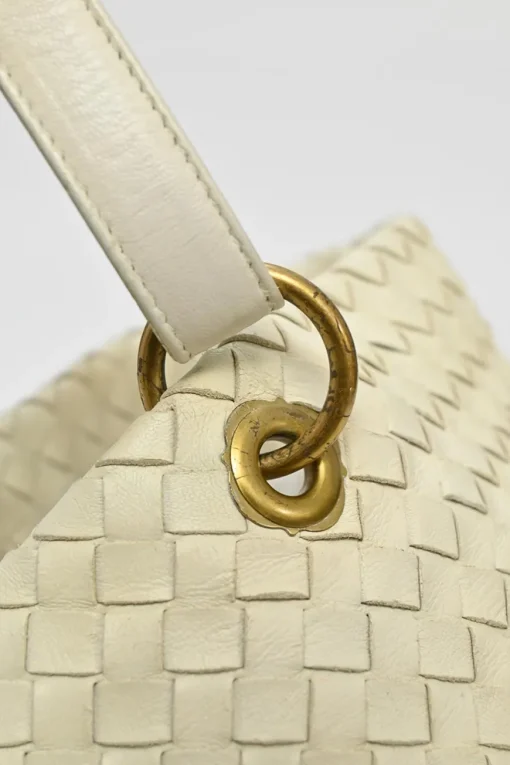 Ivory intrecciato nappa leather Capri tote bag with antique brass hardware