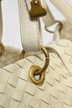 Ivory intrecciato nappa leather Capri tote bag with antique brass hardware