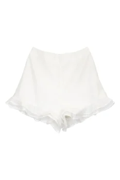 Ivory lattice-embroidered polyester high-rise mini ruffle shorts