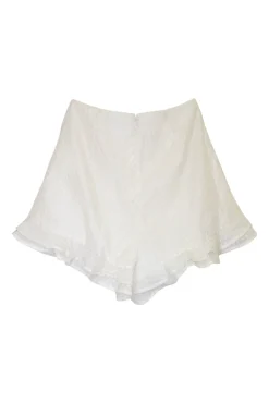 Ivory lattice-embroidered polyester high-rise mini ruffle shorts