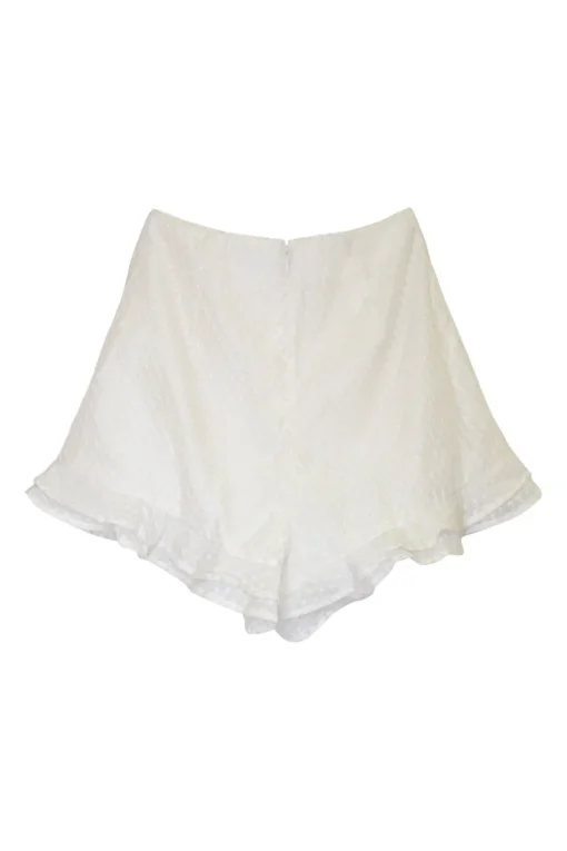 Ivory lattice-embroidered polyester high-rise mini ruffle shorts