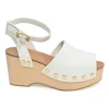 Ivory leather and wood studded platform clog sandals with buckle strap fastening