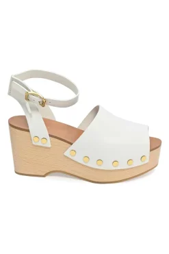 Ivory leather and wood studded platform clog sandals with buckle strap fastening