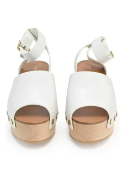 Ivory leather and wood studded platform clog sandals with buckle strap fastening