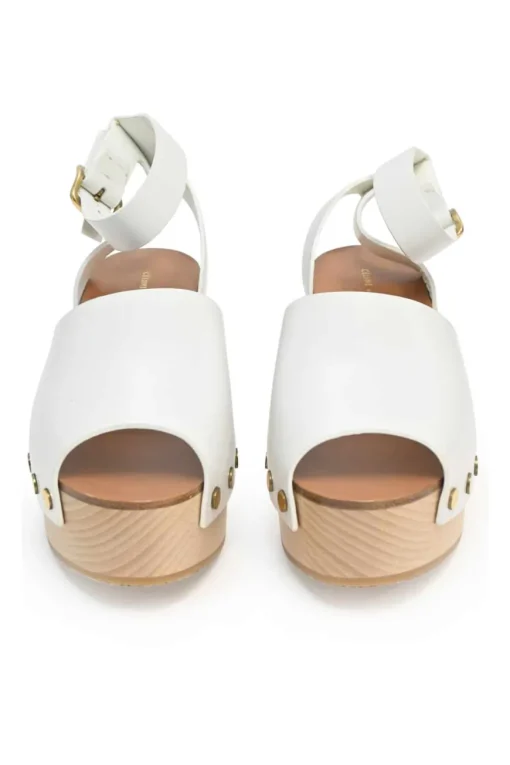 Ivory leather and wood studded platform clog sandals with buckle strap fastening