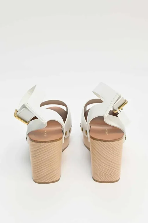 Ivory leather and wood studded platform clog sandals with buckle strap fastening