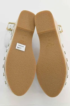 Ivory leather and wood studded platform clog sandals with buckle strap fastening