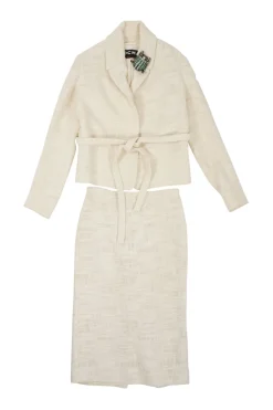 Ivory linen-blend bouclé tweed single breasted shawl collar tie-wast tailored jacket and pencil skirt suit set