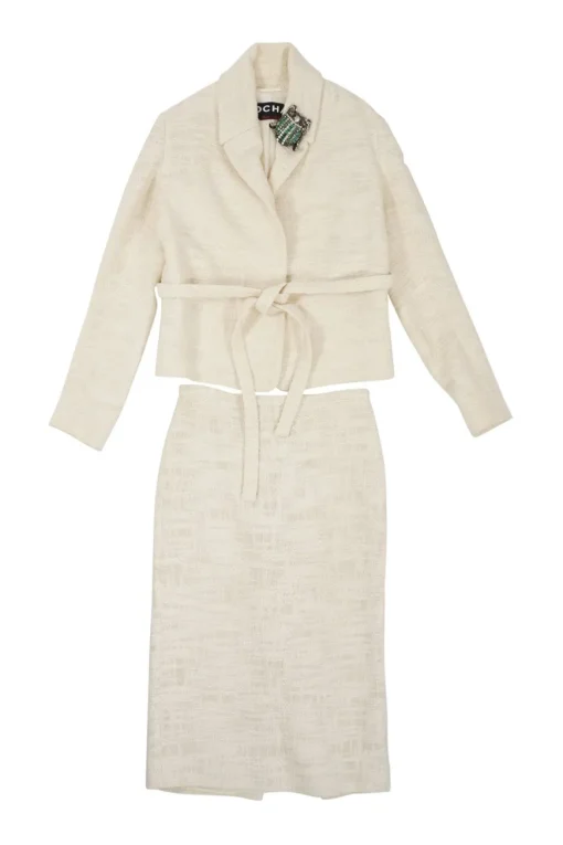 Ivory linen-blend bouclé tweed single breasted shawl collar tie-wast tailored jacket and pencil skirt suit set