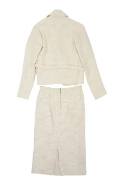 Ivory linen-blend bouclé tweed single breasted shawl collar tie-wast tailored jacket and pencil skirt suit set