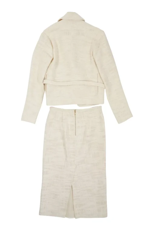 Ivory linen-blend bouclé tweed single breasted shawl collar tie-wast tailored jacket and pencil skirt suit set
