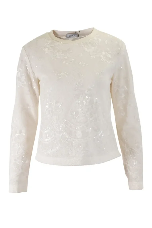 Ivory meshed sequins long-sleeved top and skirt