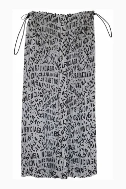 Ivory polyester pull-on toggle waist plissé midi skirt featuring all-over logo strips motif