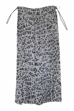 Ivory polyester pull-on toggle waist plissé midi skirt featuring all-over logo strips motif