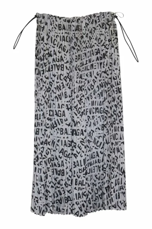 Ivory polyester pull-on toggle waist plissé midi skirt featuring all-over logo strips motif