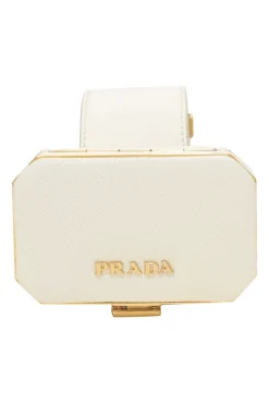 Ivory Saffiano leather Minaudière Vanity bracelet with gold-tone metallic hardware