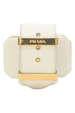 Ivory Saffiano leather Minaudière Vanity bracelet with gold-tone metallic hardware
