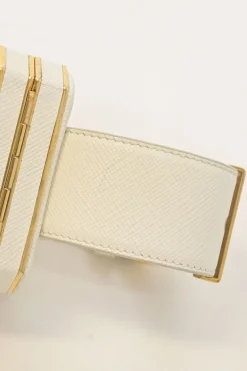 Ivory Saffiano leather Minaudière Vanity bracelet with gold-tone metallic hardware