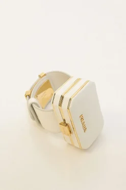 Ivory Saffiano leather Minaudière Vanity bracelet with gold-tone metallic hardware