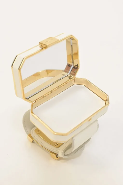 Ivory Saffiano leather Minaudière Vanity bracelet with gold-tone metallic hardware