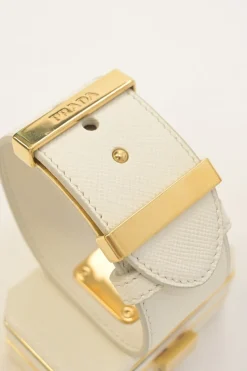 Ivory Saffiano leather Minaudière Vanity bracelet with gold-tone metallic hardware
