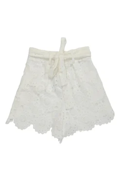 Ivory scalloped cotton crochet high-rise tie-waist shorts with slash hip pockets