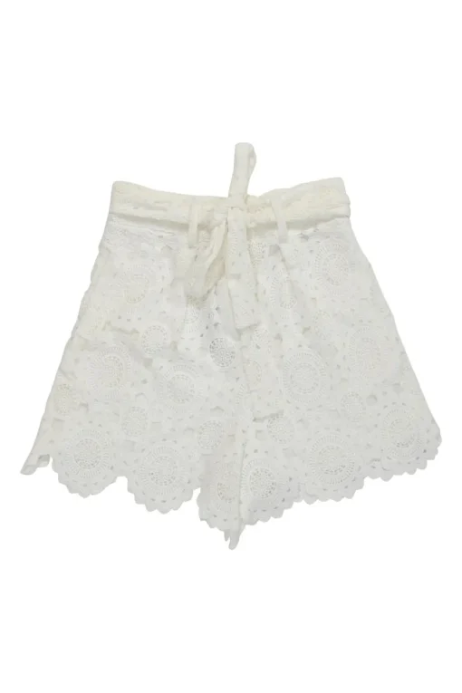 Ivory scalloped cotton crochet high-rise tie-waist shorts with slash hip pockets