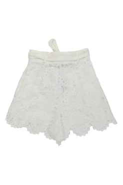 Ivory scalloped cotton crochet high-rise tie-waist shorts with slash hip pockets